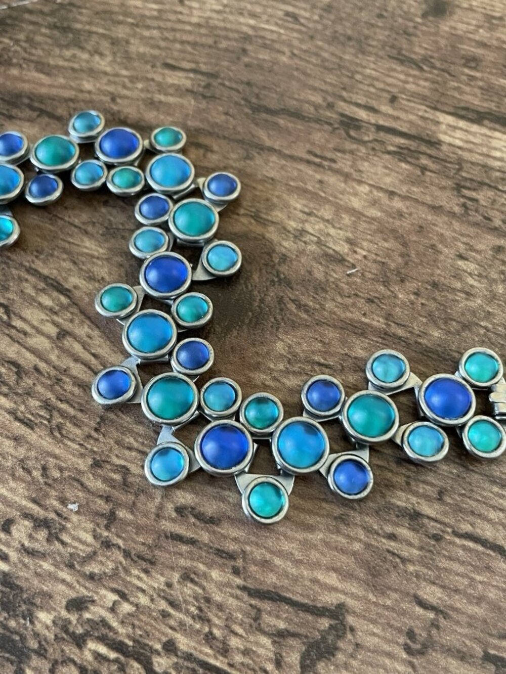 Ocean Blue Two Tone Moonglow Glass Silver Tone Bracelet 6.5" Mermaidcore Coastal